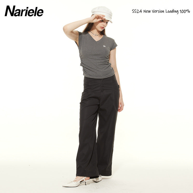 Heyhenry 2025 Summer Pleated Short-Sleeved T-Shirt Women's Niche Design Sexy Short Pinch Waist Niche Top