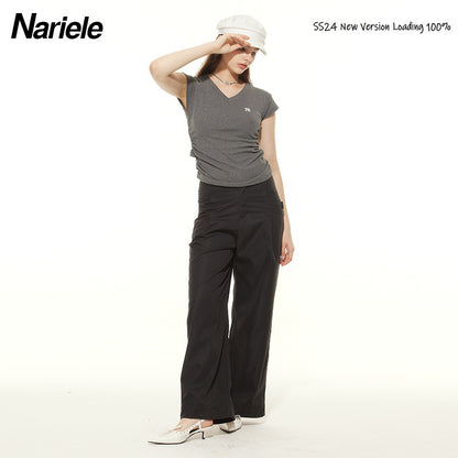 Heyhenry 2025 Summer Pleated Short-Sleeved T-Shirt Women's Niche Design Sexy Short Pinch Waist Niche Top
