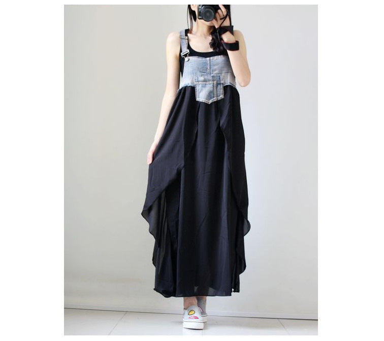 2024 Summer New Korean Style plus size Loose Fashionable Casual Denim Stitching Chiffon Strap Denim dress Women