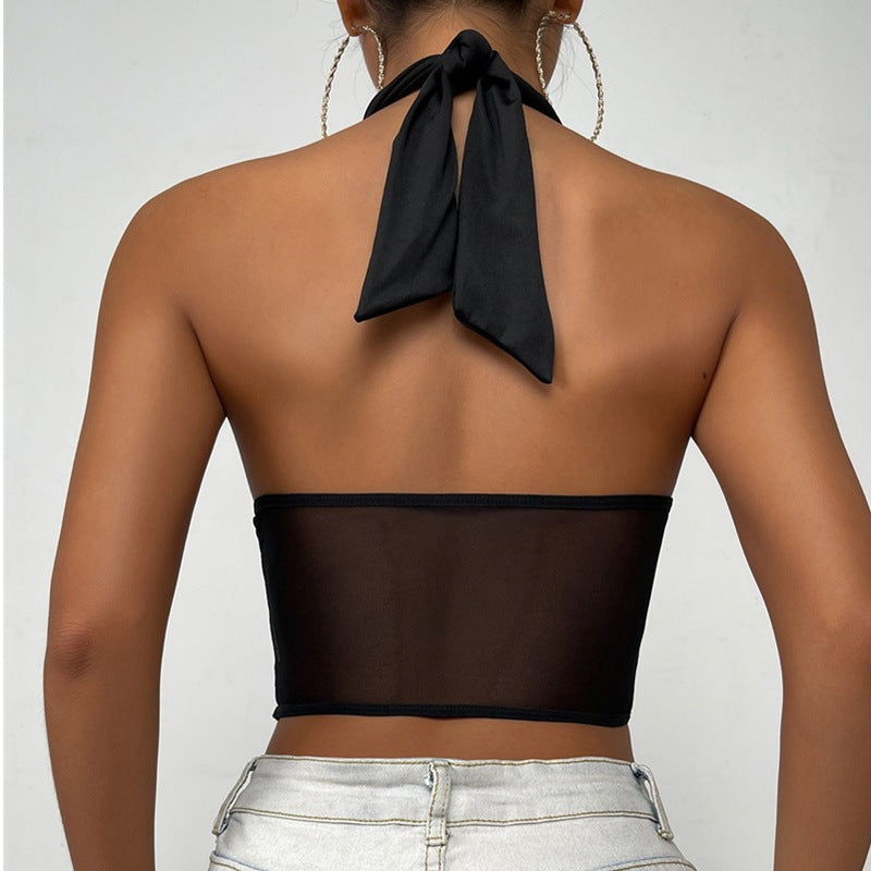 Cross-border Foreign Trade Mesh Beauty Chest Hanging Neck Tie-wrap Chest Sexy Spice Girl Fish Bone Steel Ring Outer Wear Backless Vest