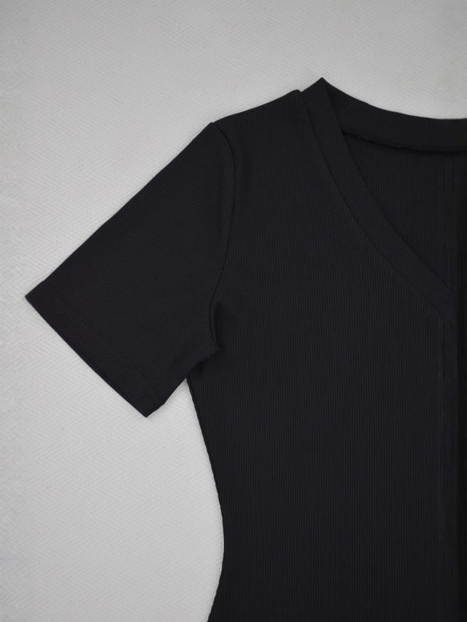 Solid Color Ribbed Pit V-Neck Short-Sleeve Tee