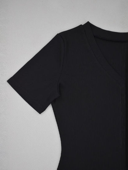 Solid Color Ribbed Pit V-Neck Short-Sleeve Tee