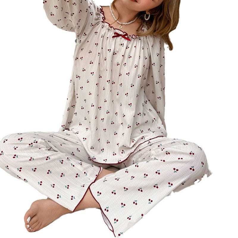 Cross-Border Sweet Cherry Blossom Pajamas Women's Set Spring and Autumn New European and American Style Floral Round Neck Long-Sleeved Long Pants Loungewear