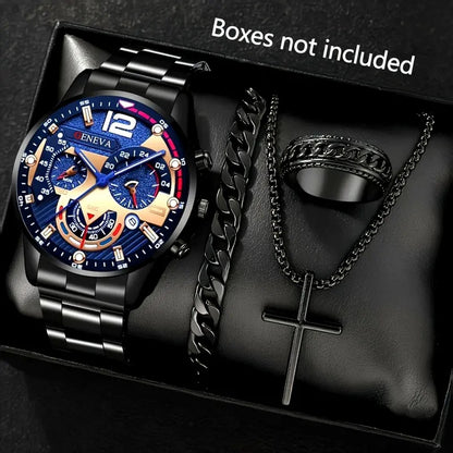 Men's 4-piece Luxury Stainless Steel Quartz Watch with Calendar Gold Cross Necklace Bracelet and Ring