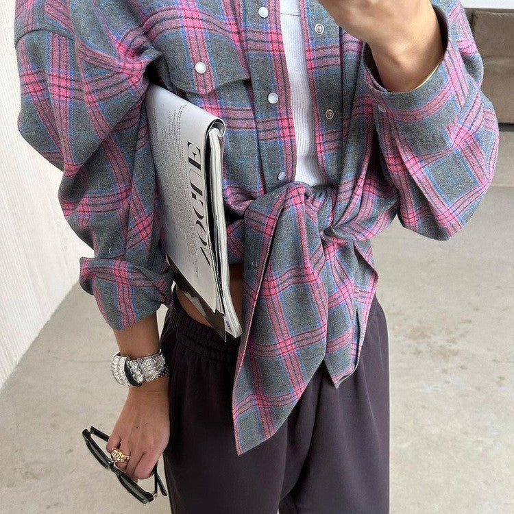2024 Spring and Autumn Amazon OZON Cross-border Retro Style All-match Loose Shirt * Fashion All-match Plaid Shirt Women