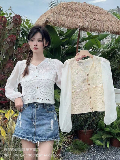 Spring and Summer All-match Sunscreen Stitching Chiffon Cardigan Long-sleeved Puff-sleeved Women's Niche Top Loose Western-style Coat