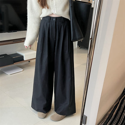 Sanding Thickened Flangable Wide Leg Pants Women's Autumn and Winter Washed Cotton Casual Pants Loose Lazy Slimming Wide Leg Pants