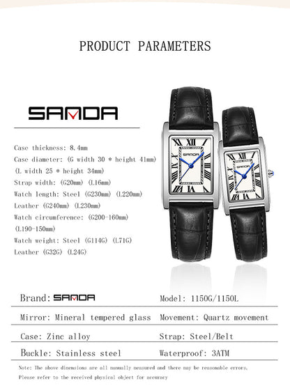 Sanda Live Hot Couple Watch Vintage Square Quartz Watch Waterproof Roman Scale Men's and Women's Watches
