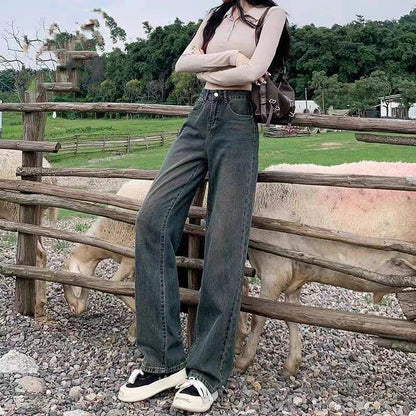 khaki Straight Leg Jeans Women's Trendy All-match New Arrival Loose High Waist Slimming Narrow Version Dosing Wide Leg Long Pants