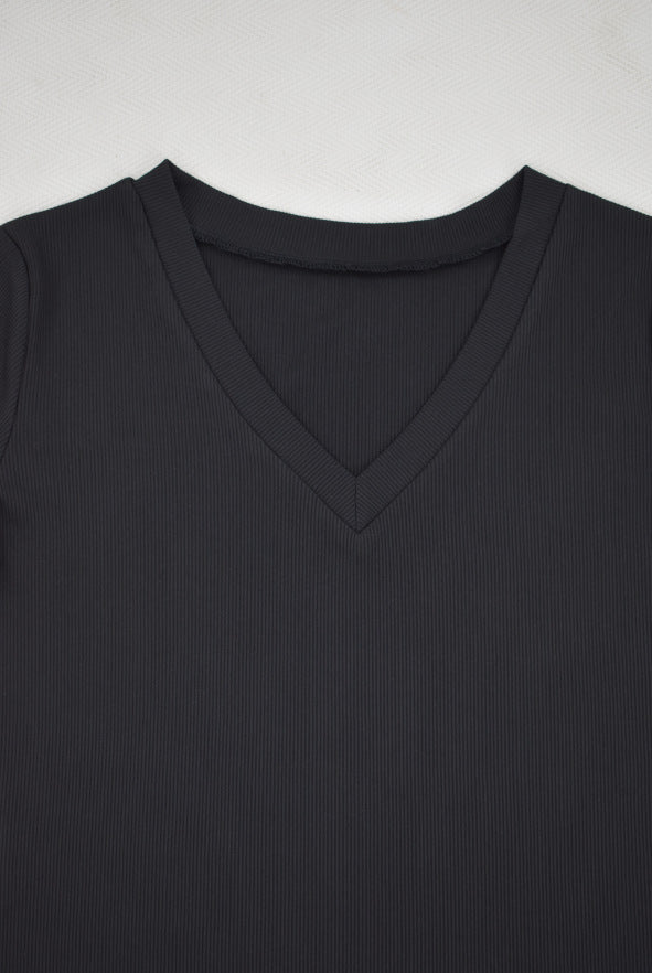 Solid Color Ribbed Pit V-Neck Short-Sleeve Tee