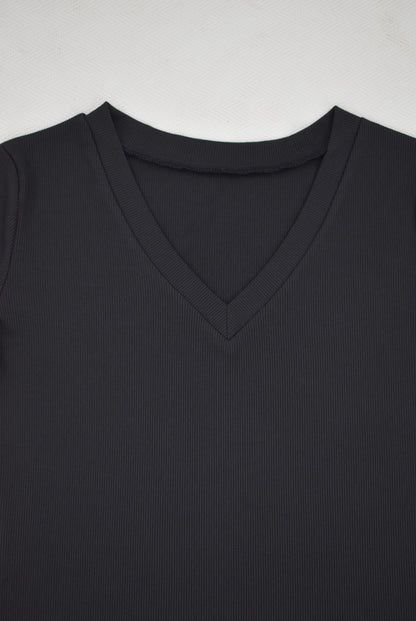 Solid Color Ribbed Pit V-Neck Short-Sleeve Tee