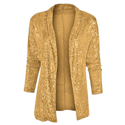 Cross-Border New European and American Amazon Sequined Long-Sleeved Elegant Mid-Length Small Suit Lapel Pure Color Jacket for Women