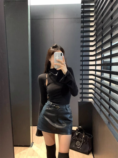 Pure Desire Thread Velvet Tight Inner Half-High Neck T-Shirt Women's Spring and Autumn Design Sense Hollow Base Shirt Top
