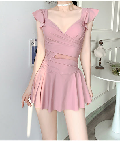 2025 New Swimsuit for Women, Belly-Covering, Slimming Look, One-Piece Skirt-Style Steel Support Push-Up Student Conservative Hot Spring Swimsuit