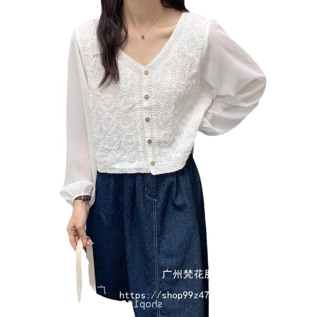 Spring and Summer All-match Sunscreen Stitching Chiffon Cardigan Long-sleeved Puff-sleeved Women's Niche Top Loose Western-style Coat