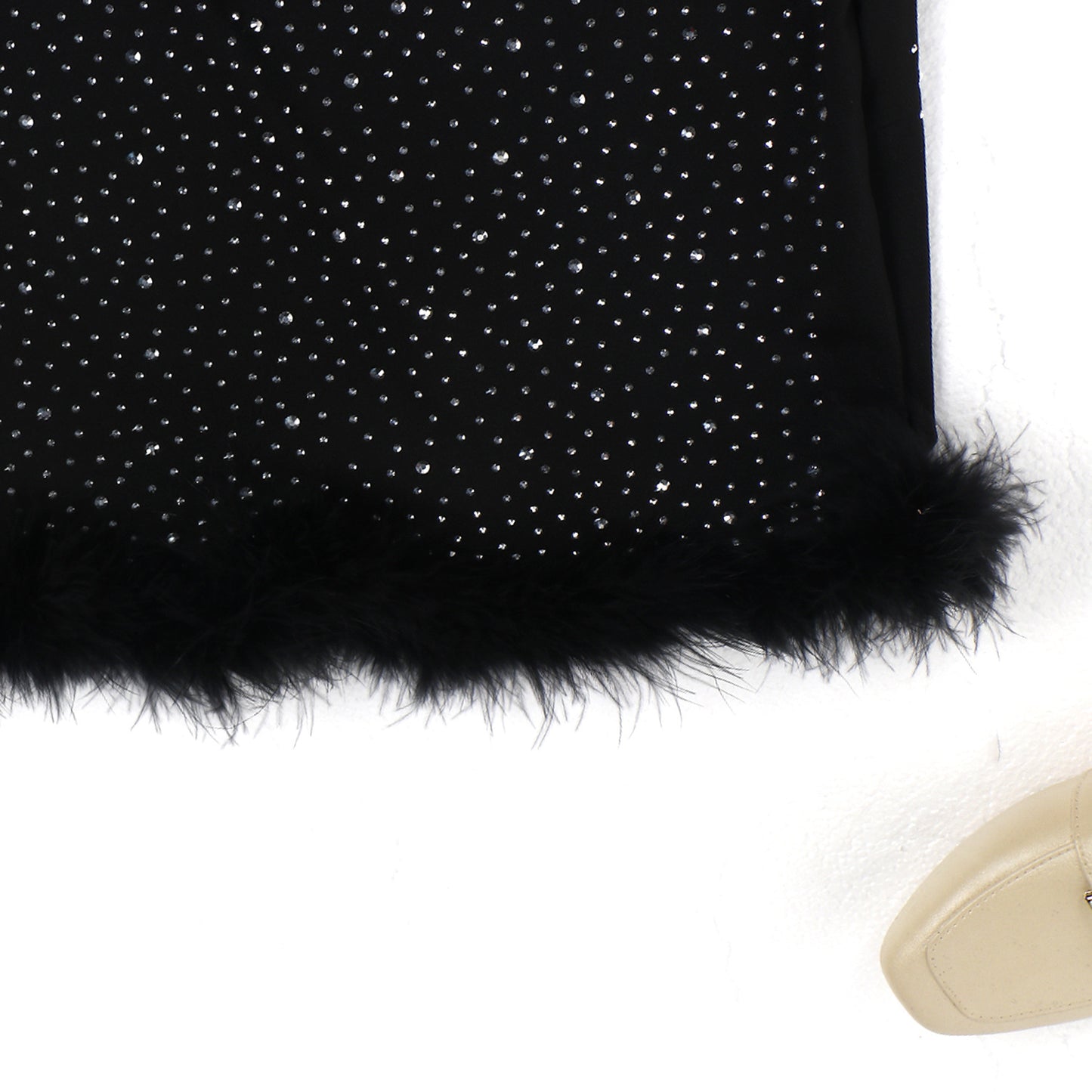 CM.YAYA Elegant Hot Rhinestones Diamonds Crystal Women Fur Hem Long Sleeve Bodycon Midi Dress Chic Party Club Even Prom Dresses