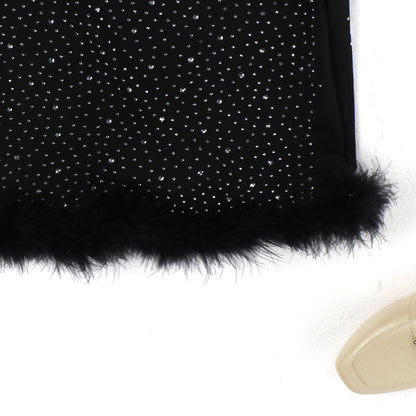 CM.YAYA Elegant Hot Rhinestones Diamonds Crystal Women Fur Hem Long Sleeve Bodycon Midi Dress Chic Party Club Even Prom Dresses