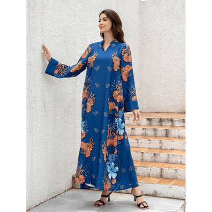Sw0839 Middle Eastern Cross-Border Muslim Ladies Robe Printed Accessible Luxury Pearl Belt Jumabiya Dress