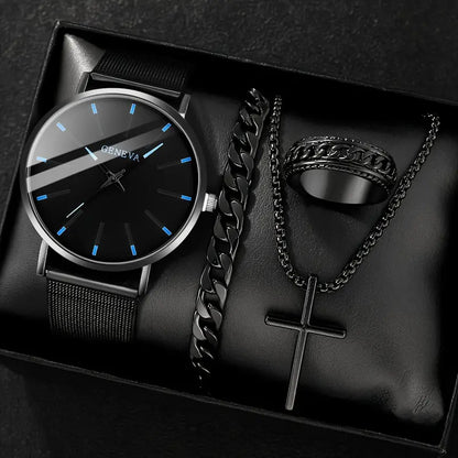 Men's 4-piece Luxury Stainless Steel Quartz Watch with Calendar Gold Cross Necklace Bracelet and Ring