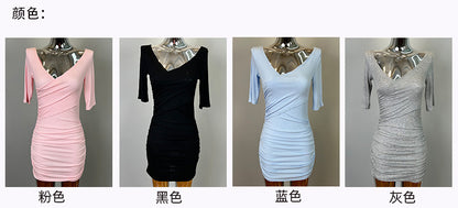 South Korea Dongdaemun New Sexy Feminine V-Neck Pleated Bag Hip Mid-Sleeve dress Figure