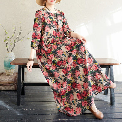 2025 Early Spring New Style Color Holiday Style Travel Crewneck Long Sleeve Retro Long Dress Women's Mat Covering Cotton and Linen dress