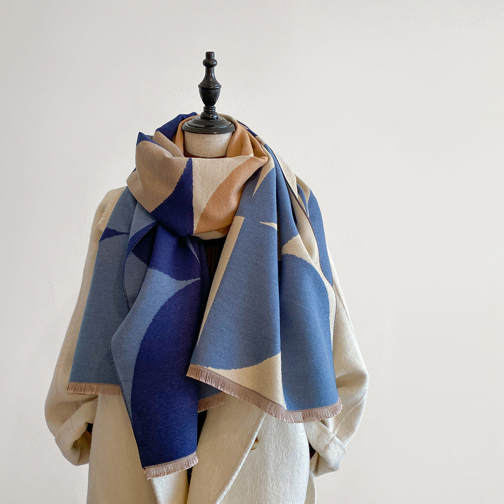 Contrast color asymmetric niche cashmere scarf women's autumn and winter high-grade thickened warm outer shawl new scarf