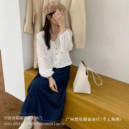 Spring and Summer All-match Sunscreen Stitching Chiffon Cardigan Long-sleeved Puff-sleeved Women's Niche Top Loose Western-style Coat