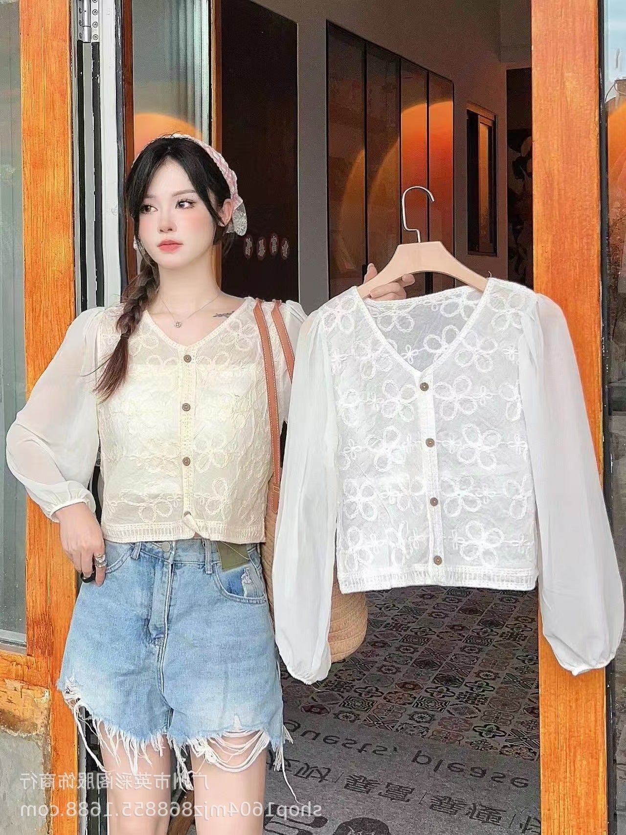 Spring and Summer All-match Sunscreen Stitching Chiffon Cardigan Long-sleeved Puff-sleeved Women's Niche Top Loose Western-style Coat
