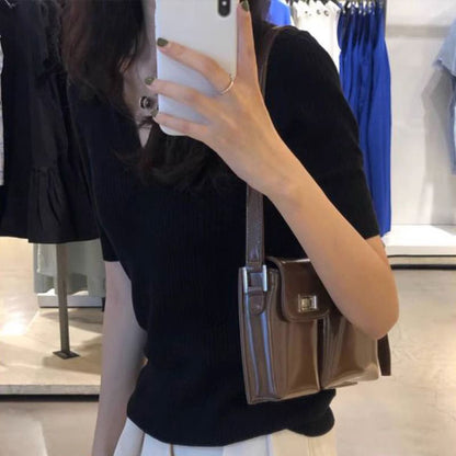 Cotton Polo Collar Short-Sleeved Summer New High-End Slim-Fitting Small Chic Collarbone Sweet Hottie Tops for Women Trendy