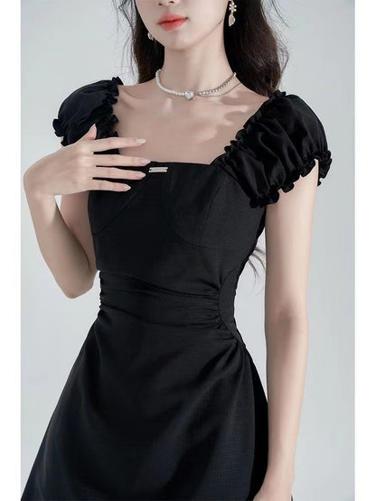 Black Waist-Cinching Slimming Square-Neck Dress for Women 2026 New Summer French Hepburn Style Elegant A-Line Short Skirt