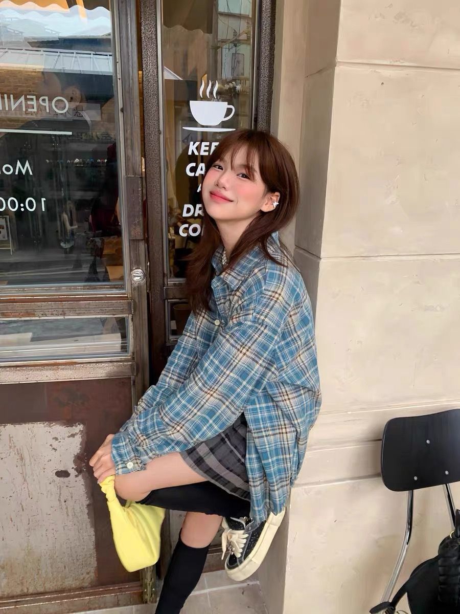 American-style Retro Blue Plaid Shirt Couple's Coat Spring and Autumn Loose Casual Sun-protective Shirt All-match Long-sleeved Top