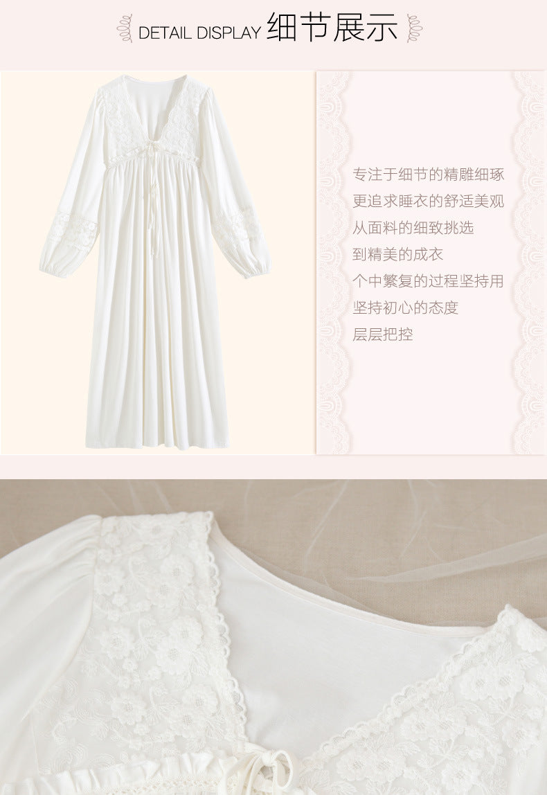 Women's long-sleeved nightdress spring cotton court style French lace princess temperament long pajamas can be worn outside home wear autumn and winter