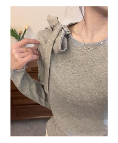 Bow Strap Long-sleeved Korean Style Chic Autumn and Winter New Top Sweet Pure Style Tight Waist Slim Fit Pleated Top