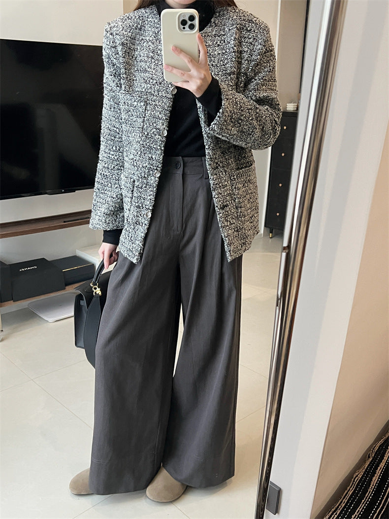 Sanding Thickened Flangable Wide Leg Pants Women's Autumn and Winter Washed Cotton Casual Pants Loose Lazy Slimming Wide Leg Pants