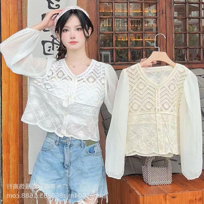 Spring and Summer All-match Sunscreen Stitching Chiffon Cardigan Long-sleeved Puff-sleeved Women's Niche Top Loose Western-style Coat