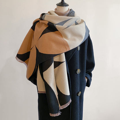 Contrast color asymmetric niche cashmere scarf women's autumn and winter high-grade thickened warm outer shawl new scarf