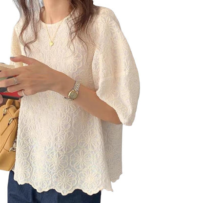 Korean style chic puff sleeve top for women new design sense niche chic heavy embroidery flower loose shirt