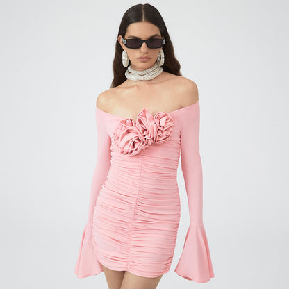 In Stock | European and American Cross-Border Spring and Summer Pink Floral Ruched Long-Sleeve Dress Women's Fitted Short Dress