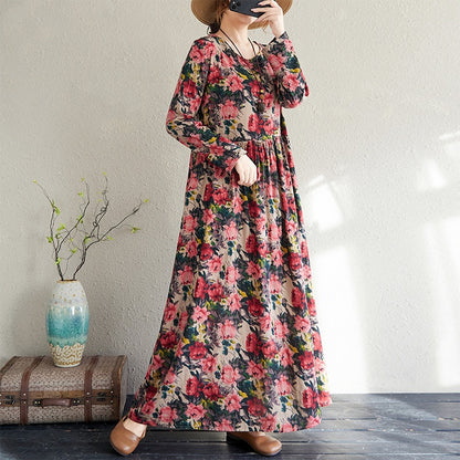 2025 Early Spring New Style Color Holiday Style Travel Crewneck Long Sleeve Retro Long Dress Women's Mat Covering Cotton and Linen dress