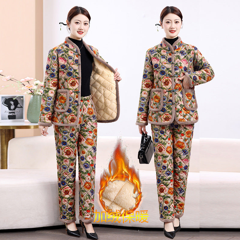 Chinese Style Mother's Winter New fleece-lined Thickened Cotton-padded Coat suit Middle-aged Women's Cotton-padded Clothes Cotton Pants Warm Two-piece Set