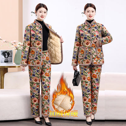 Chinese Style Mother's Winter New fleece-lined Thickened Cotton-padded Coat suit Middle-aged Women's Cotton-padded Clothes Cotton Pants Warm Two-piece Set