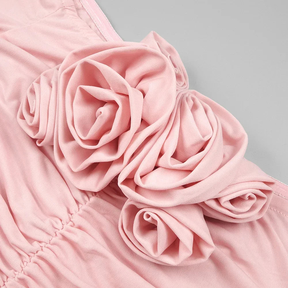 In Stock | European and American Cross-Border Spring and Summer Pink Floral Ruched Long-Sleeve Dress Women's Fitted Short Dress