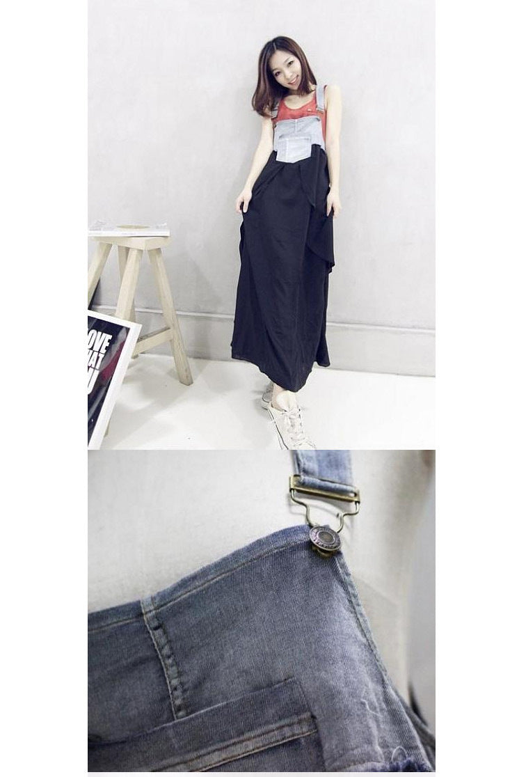2024 Summer New Korean Style plus size Loose Fashionable Casual Denim Stitching Chiffon Strap Denim dress Women