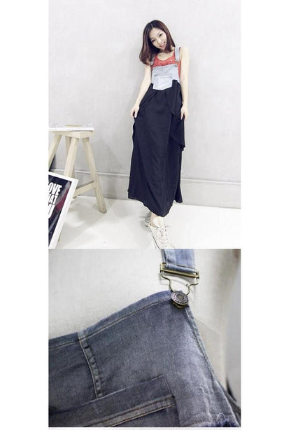 2024 Summer New Korean Style plus size Loose Fashionable Casual Denim Stitching Chiffon Strap Denim dress Women