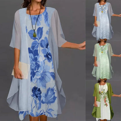 2024 European and American Amazon Summer Women's Casual dress Two-Piece Flower-Print Round Neck Slim-Fit Dress Women