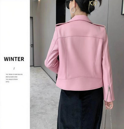 2025 Spring and Autumn New Korean Style Short Women's Pu Women's Large Size Leather Jacket Slim Motorcycle Jacket Small Leather Jacket