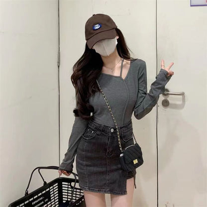 American Style Design Irregular Long-sleeved T-shirt Women's 2024 Spring and Autumn New Slim-fit Slimming Temperament Base Top