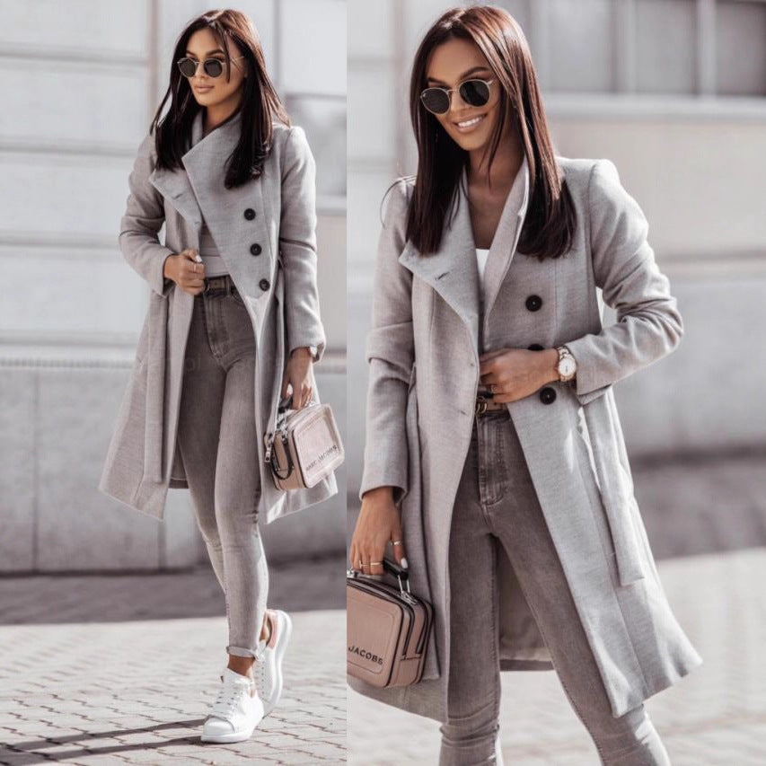2026 Autumn/Winter European and American New Cross-Border Women's Clothing Amazon Woolen Coat Solid Color Tie-Up Mid-Length Woolen Jacket