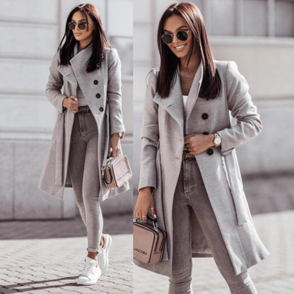 2026 Autumn/Winter European and American New Cross-Border Women's Clothing Amazon Woolen Coat Solid Color Tie-Up Mid-Length Woolen Jacket