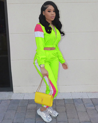 2024 Women's Fashion Color Collision Casual Suit, Splicing Sports Two-piece Set